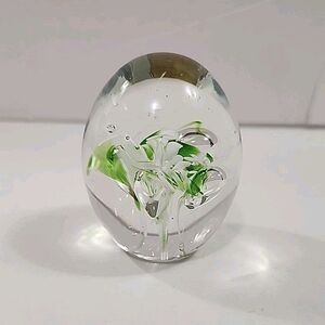VTG 1978 George Good Paperweight Art Glass Flowers Green & White Swirl Egg